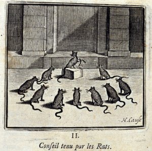 Assemblée tenue par les rats. Fables de Jean de La Fontaine (1621-95). Illustration de François Chauveau (1613-1676). Édition de 1728. - Francois Chauveau