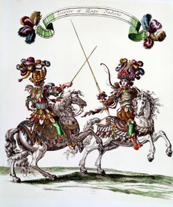 Écuyer indien et page lors du carrousel donné par le roi Louis XIV (1638-1715) en 1662 aux Tuileries pour célébrer la naissance du Dauphin. Gravure de François Chauveau (1613-1676) 17ème siècle Collection privée