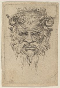 Masque de satyre avec cornes bouclées regardant vers le bas, de Divers Masques - Francois Chauveau