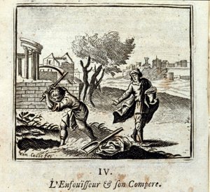 Le brûleur et son compère. Fables de Jean de La Fontaine (1621-95). Illustration par François Chauveau (1613-1676). Édition de 1728.