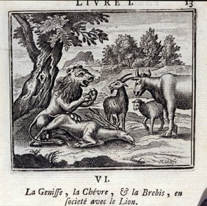 La génisse, la chèvre et la brebis en société avec le lion