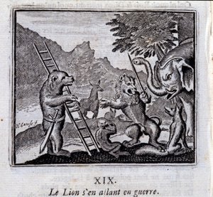 Le lion partant en guerre. Fables de Jean de La Fontaine (1621-95). Illustration par François Chauveau (1613-1676). Édition de 1728.
