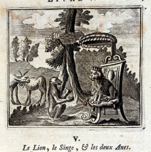Le lion, le singe et les deux ânes. Fables de Jean de La Fontaine (1621-95). Illustration par François Chauveau (1613-1676). Édition de 1728.