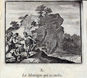 La montagne qui accouche. Fables de Jean de La Fontaine (1621-95). Illustration de François Chauveau (1613-1676). Édition de 1728.