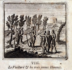 Le vieil homme et les trois jeunes hommes. Fables de Jean de La Fontaine (1621-95). Illustration de François Chauveau (1613-1676). Édition de 1728.