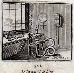 Le serpent et le tilleul. Fables de Jean de La Fontaine (1621-95). Illustration par François Chauveau (1613-1676). Édition de 1728.