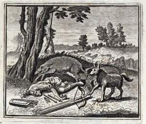 Le loup et le chasseur. Fables de Jean de La Fontaine (1621-95). Illustration de François Chauveau (1613-1676). Édition de 1728.