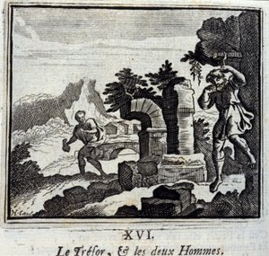 Le trésor et les deux hommes. Fables de Jean de La Fontaine (1621-95). Illustration par François Chauveau (1613-1676). Édition de 1728.
