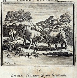Les deux taureaux et une grenouille. Fables de Jean de La Fontaine (1621-95). Illustration de François Chauveau (1613-1676). Édition de 1728. - Francois Chauveau
