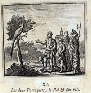 Les deux perroquets, le roi et son fils. Fables de Jean de La Fontaine (1621-95). Illustration de François Chauveau (1613-1676). Édition de 1728.
