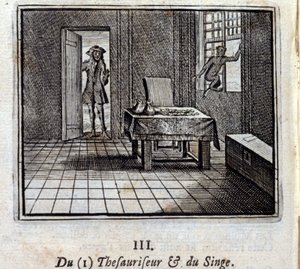 Le thésauriseur et le singe. Fables de Jean de La Fontaine (1621-95). Illustration de François Chauveau (1613-1676). Édition de 1728. - Francois Chauveau