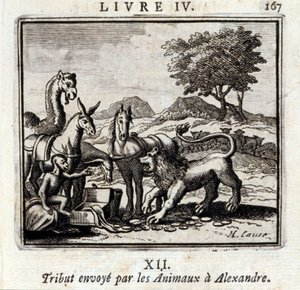 Tribut envoyé par les animaux à Alexandre. Fables de Jean de La Fontaine (1621-95). Illustration de François Chauveau (1613-1676). Édition de 1728. - Francois Chauveau
