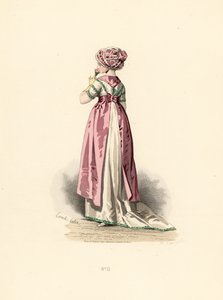 Femme en robe blanche et corsage avec garniture verte, tablier rose