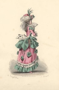 Femme à la mode en robe avec rosettes, époque de Marie-Antoinette