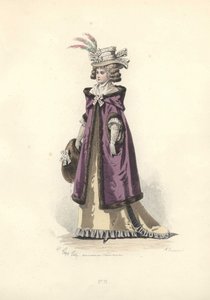 Femme en manteau à capuche bordé de fourrure, époque de Marie Antoinette
