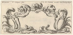 Planche 10 : un cartouche avec les têtes de deux lions de profil à gauche et à droite, vers 1640-45