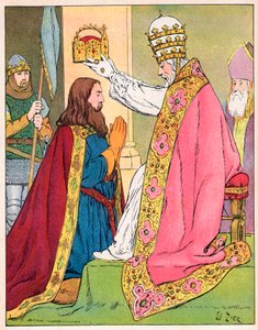 Charlemagne (742-814) couronné par le pape Léon III (c750-816) à la basilique Saint-Pierre de Rome le 25 décembre 800 - Sacre (Couronnement) de Charlemagne (742-814) en 800 par le pape Léon III - Illustration de François Zier (1856-1924) tirée de "Nos-Glor