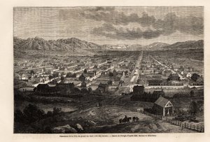 Panorama de la ville du grand lac sale, citant les Saints (Utah), dessin par Ferogio, pour illustrer le voyage de Richard Burton dans la ville des Saints, capitale du pays des Mormons, en 1860. Gravure dans « Le Tour du monde », édité par Édouard Charton