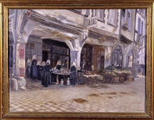 Marché sous les porches à Dinan - par F. Gombeaux, fin du 19e siècle - Francois Gombeaux