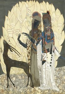Deux femmes stylisées avec une antilope parmi les feuillages, vers 1928 - Francois Louis (after) Schmied