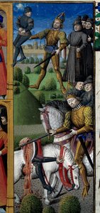 Scènes de la vie de Charlemagne (742-814) Roi des Francs : scène de combat. Singe. Miniature tirée du manuscrit Speculum historiale (Le Miroir historial) par Vincent de Beauvais (1184/94-1264) enluminée par le Maître François (15e siècle) - Maître François