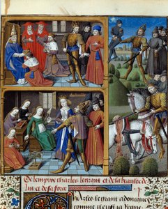 Scènes de la vie du roi des Francs Charlemagne (742-814). Miniature tirée du manuscrit « Speculum historiale » par Vincent de Beauvais enluminée par le Maître François (15ème siècle). Chantilly, Condé