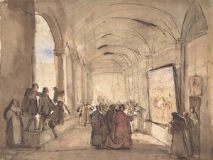 Un cardinal examinant une peinture dans un cloître, première moitié du 19ème siècle