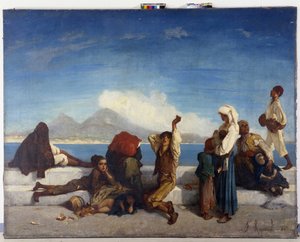 Les Lazzaroni, personnages du peuple napolitain. Vue du golfe de Naples
