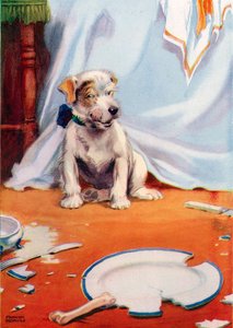 Chien avec une assiette cassée (lithographie en couleur)