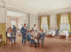 Soldats convalescents jouant aux échecs dans une salle de l