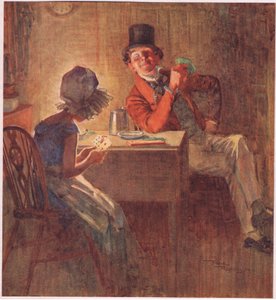 La marquise tenant ses cartes très serrées dans les deux mains, considérant laquelle jouer, c.1920 (lithographie en couleur)