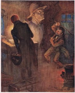 Le nain jeta le journal dont il chantait déjà les mots cités et saisissant une barre de fer rouillée, c.1920 (lithographie en couleur)