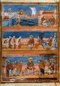 Saint Jérôme quittant Rome et payant son maître à Jérusalem (en haut), travaillant avec ses scribes (au centre) et distribuant la Vulgate (en bas). Miniature dans « Première Bible de Charles le Chauve, également connue sous le nom de Bible de Vivien » (Fol