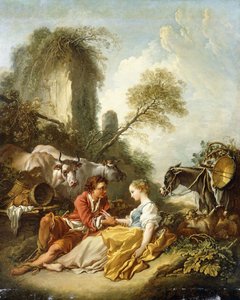 Un paysage pastoral avec un berger et une bergère assis près de ruines - François Boucher
