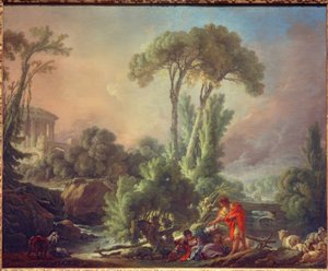 Paysage fluvial avec temple antique - François Boucher