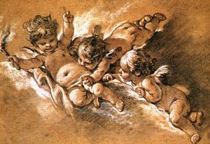 Trois putti dans les nuages
