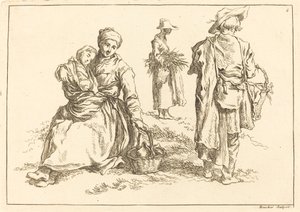 Mère assise et enfant, deux paysans debout