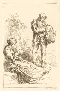 Femme assise avec un garçon paysan tenant un panier - François Boucher after Abraham Bloemaert