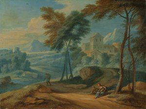 Paysage italianisant boisé avec figures