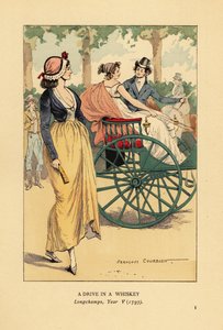 Couple à la mode conduisant une voiture à cheval ou un gig à Longchamps, Paris, An V