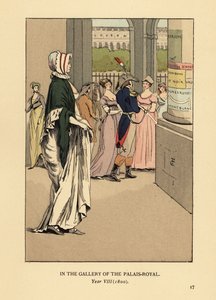 Femme à la mode se promenant dans la galerie du Palais Royal, Paris, An VIII