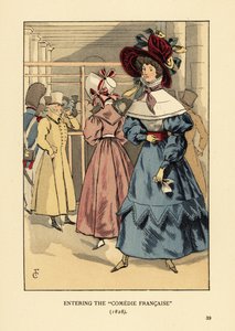 Femmes à la mode au théâtre, Paris. Femme en grand bonnet avec rubans, robe à col haut, cape en dentelle ou pèlerine et manches bouffantes. Entrée à la Comédie-Française
