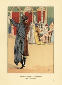Gentleman mettant un manteau carrick en quittant un salon à la mode. Une salle publique chez Frascati, Paris, Année VIII