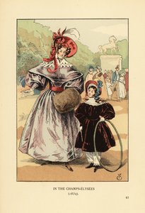Femme et enfant avec cerceau jouant dans le parc. Aux Champs Élysées