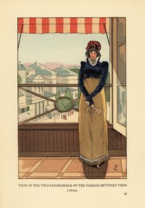 Femme à la fenêtre surplombant les Panoramas et le Passage des Panoramas, boulevard Montmartre, Paris