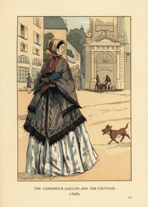 Femme devant la fontaine de la Place Gaillon, Paris. Elle porte un châle en cachemire avec des trous pour les bras appelé la visite sur sa crinoline. Le carrefour Gaillon et la fontaine