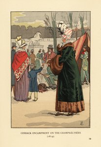 Femme en manteau doublé de fourrure avec manchon en fourrure visitant le bivouac des Cosaques Tatars et Kalmouks à Paris après la chute de Napoléon. Campement cosaque sur les Champs-Élysées - François Courboin