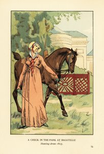 Femme en tenue de chasse, bonnet et foulard menant un cheval dans le Parc de Bagatelle, Bois de Boulogne, Paris