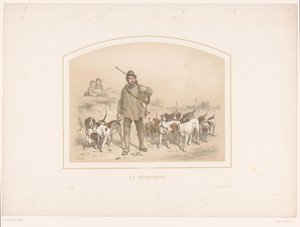 Chasseur avec dix chiens de chasse