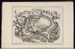 Cartouche avec Putto soufflant dans une conque, Livre de Cartouches Irréguliers - François de Cuvilliés the Elder